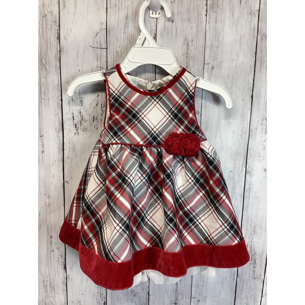 Place 89 Baby Girl Holiday Dress Size 0-3M Maroon Black Plaid With Rose Outfit